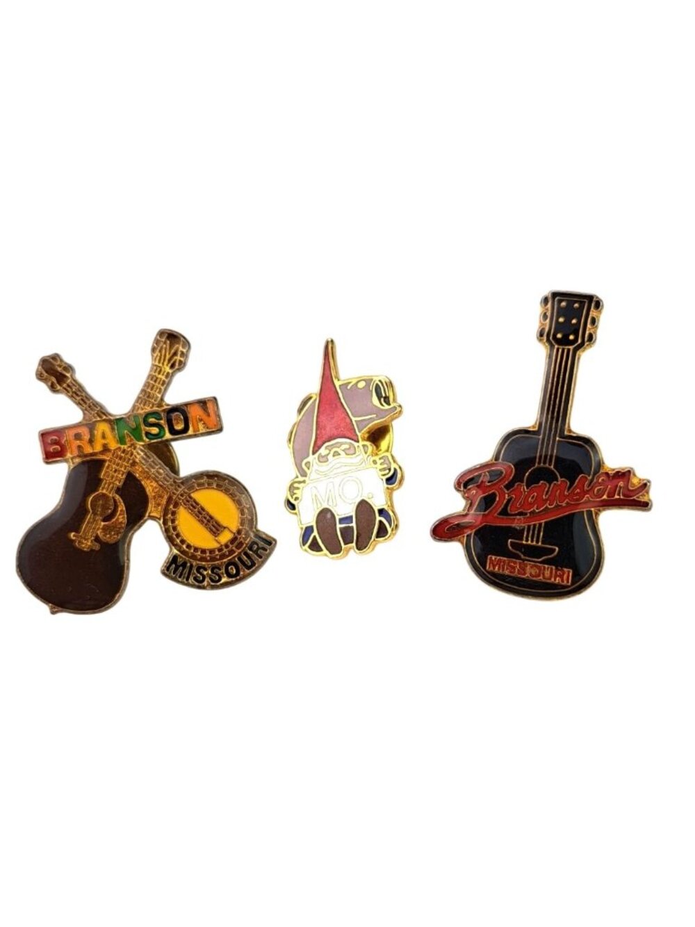 Vintage Branson Missouri Souvenir Lapel Pins Set Of 3 Guitar Gnome Banjo Fish